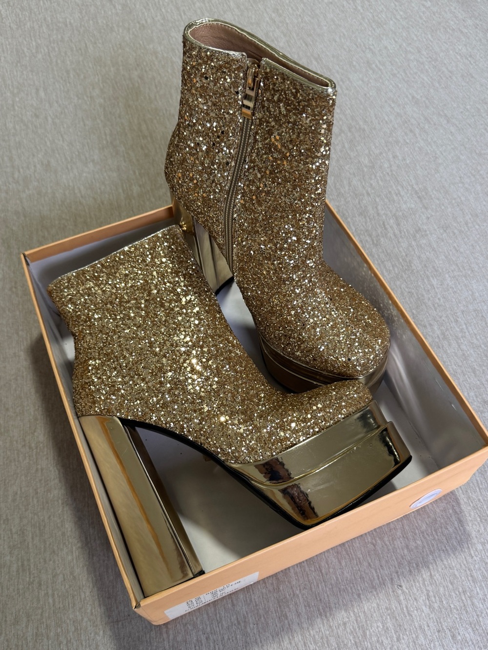 Gold Glitter Platform Ankle Boots Women’s EU 38 US 7.5 Chunky Block Heel